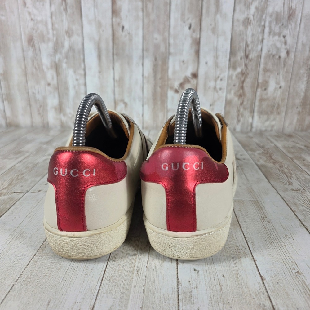 Gucci Sneakers Women's Cream Leather Red Metallic Accent Low Top‎ Designer Shoes - Picture 3 of 8